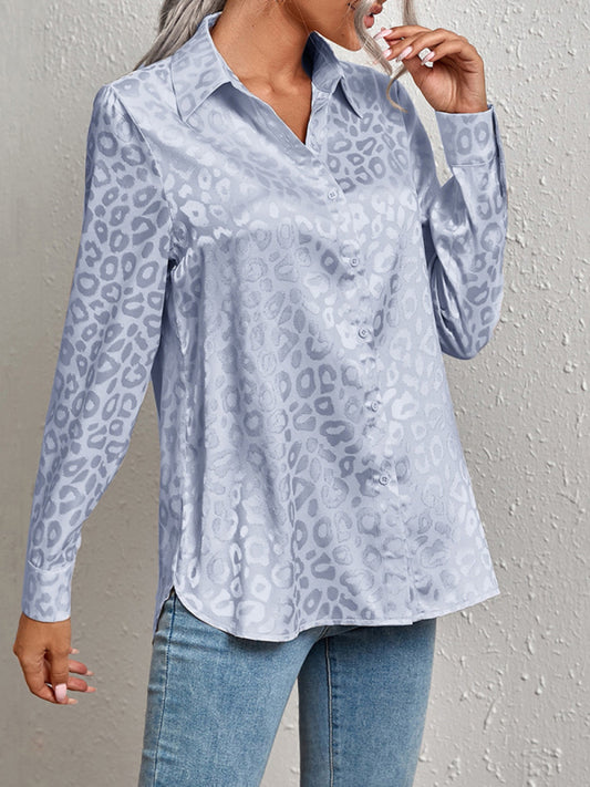 Modern Trendy: Women's Leopard Shirt Lapel Neck Long Sleeve Button Top Top - Chuzko Women Clothing