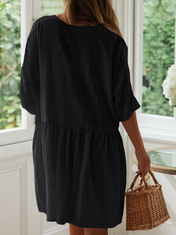 Vacation Solid Cotton Flowy Button-Up Oversized Dress Dress - Chuzko Women Clothing