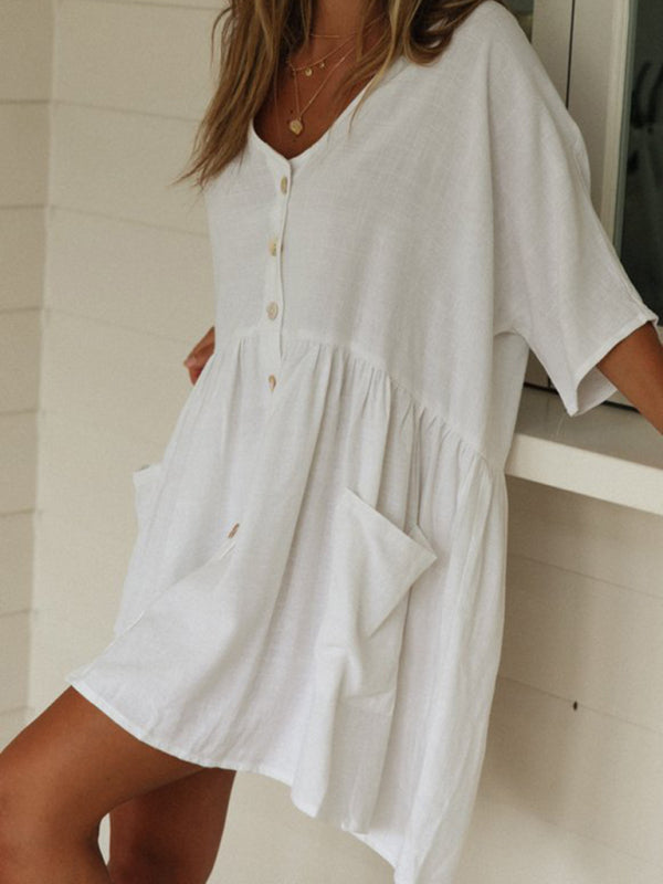 Vacation Solid Cotton Flowy Button-Up Oversized Dress Dress - Chuzko Women Clothing