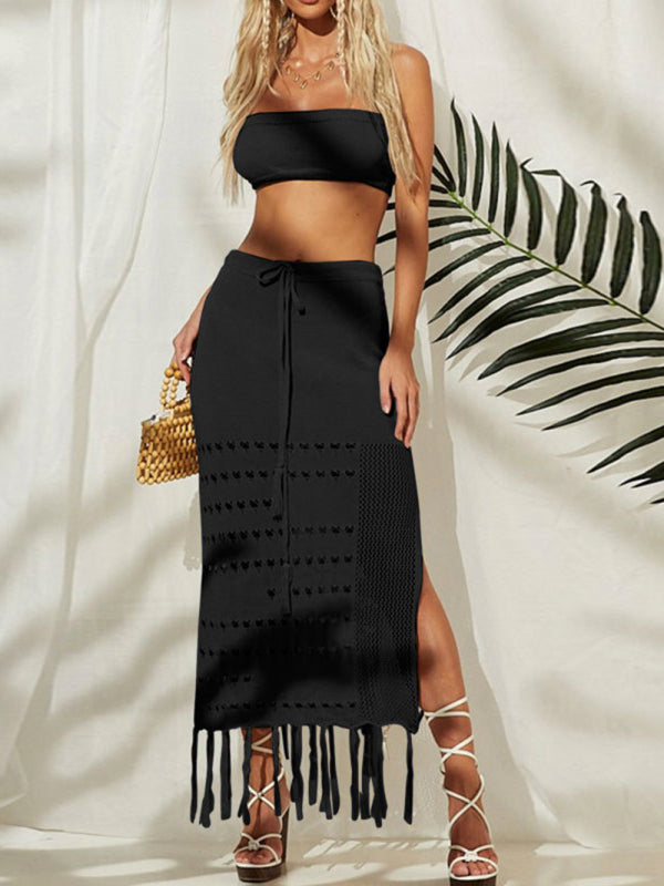 Knitted Beach Set: Fringe Midi Skirt & Crop Tube Top Bikini Cover Up Suit - Top & Skirt Set - Chuzko Women Clothing