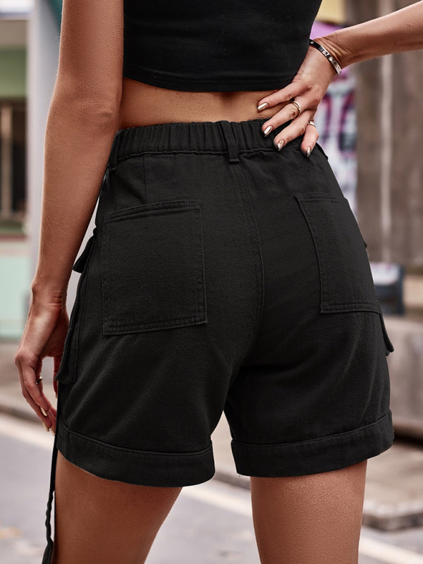 Retro Denim Cargo Shorts: High Waist, Elastic Back, and Flap Pockets Shorts - Chuzko Women Clothing