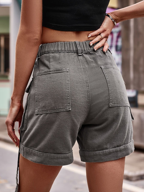 Retro Denim Cargo Shorts: High Waist, Elastic Back, and Flap Pockets Shorts - Chuzko Women Clothing
