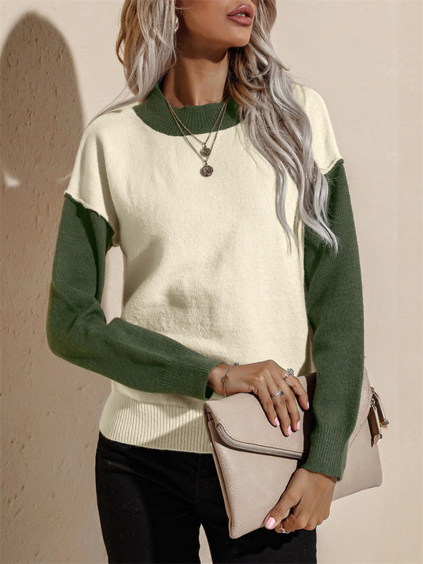 Colorblock Knit Sweater - Round Neck, Drop Shoulders, Ribbed Pullover Knit Pullovers - Chuzko Women Clothing