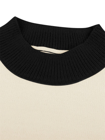 Colorblock Knit Sweater - Round Neck, Drop Shoulders, Ribbed Pullover Knit Pullovers - Chuzko Women Clothing