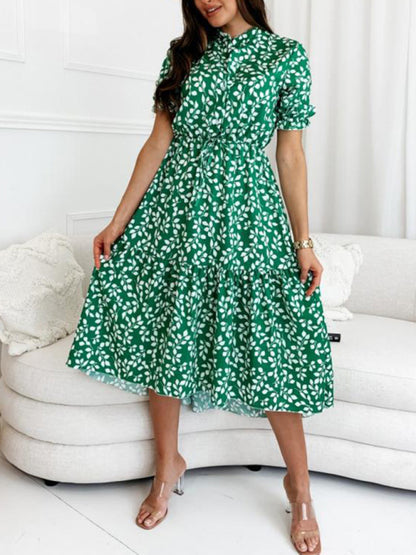 Casual Leaves Print Midi Dress Dress - Chuzko Women Clothing