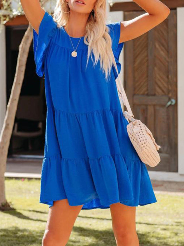 Casual Meets Classy: Solid A-Line Flowy Tiered Dress Dress - Chuzko Women Clothing