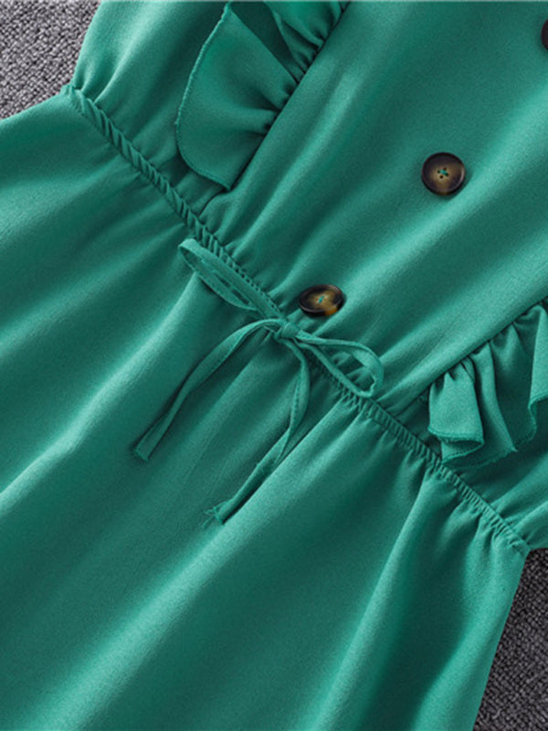 Solid Ruffle Waist Tie Tank Mini Dress Dress - Chuzko Women Clothing