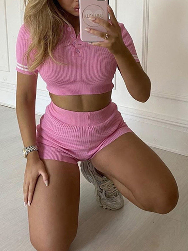 Two-Piece Suit - Crop Polo Top and Tight Shorts for Women Casual Suit (Shorts + Top) - Chuzko Women Clothing