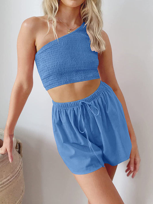 Casual Summer Women Set - Smocked One Shoulder Crop Top and Shorts Casual Suit (Top+ Shorts) - Chuzko Women Clothing