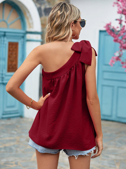 Elegant Sleeveless Vest: Asymmetrical Neckline, Peplum Casual Top Top - Chuzko Women Clothing