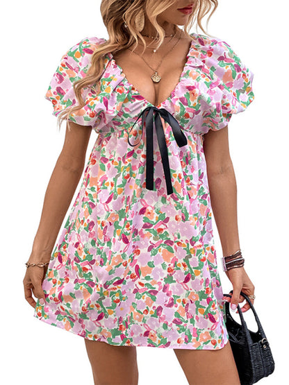 Floral Doll Puff short Sleeve Contrast Tie Mini Dress Dress - Chuzko Women Clothing
