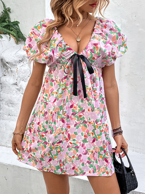 Floral Doll Puff short Sleeve Contrast Tie Mini Dress Dress - Chuzko Women Clothing