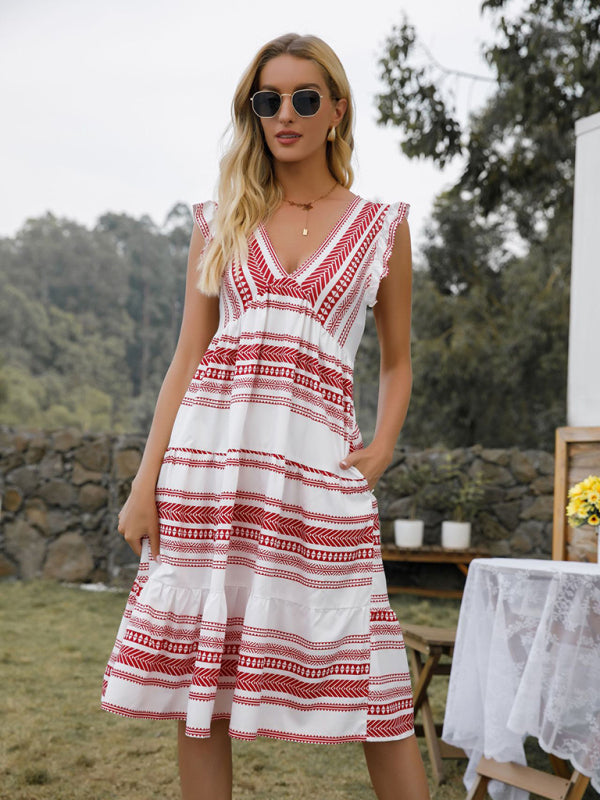 Stripe Tiered Ruffle Hem Midi Dress Dress - Chuzko Women Clothing