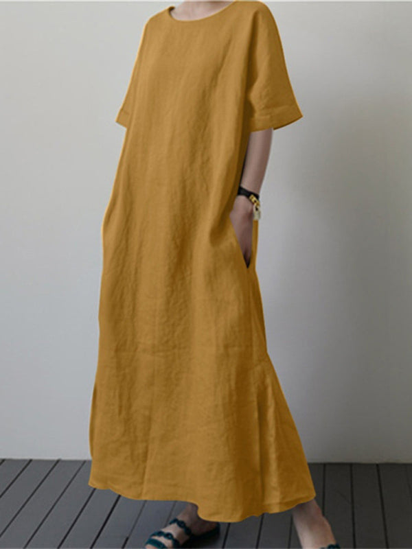 Solid Cotton-Linen Tunic Maxi Dress Tunic Dresses - Chuzko Women Clothing