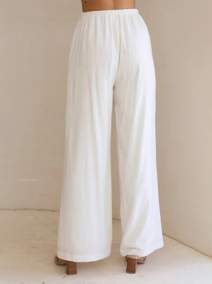Wide Leg Pants - Elastic Waistband Trousers with Side Pockets Trousers - Chuzko Women Clothing
