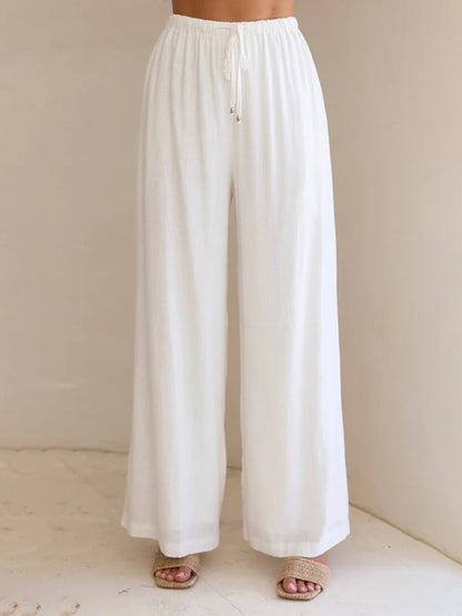 Wide Leg Pants - Elastic Waistband Trousers with Side Pockets Trousers - Chuzko Women Clothing
