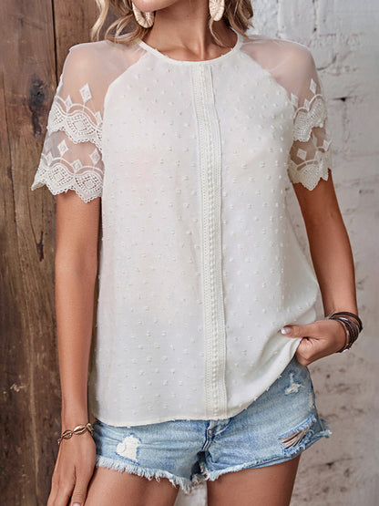Solid Swiss Dot Lace Short Sleeve Blouse Tops - Chuzko Women Clothing