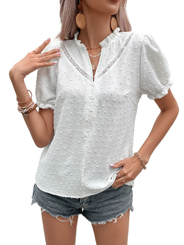 Swiss Dot Button Ruffle V-Neck Short Sleeve Blouse Tops - Chuzko Women Clothing