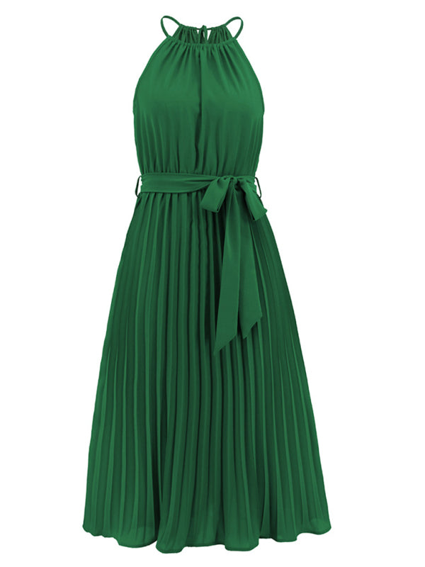 Elegant Pleated  Waist Tie Halter Midi Dress Dress - Chuzko Women Clothing