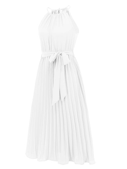 Elegant Pleated  Waist Tie Halter Midi Dress Dress - Chuzko Women Clothing