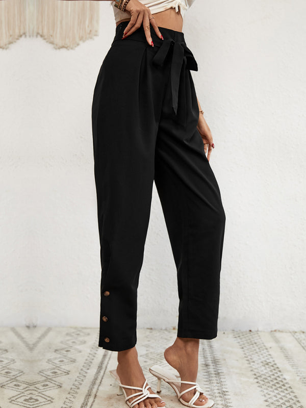 Cotton Linen High Rise Trousers, Fancy Side Buttons, Belted Pants Trousers - Chuzko Women Clothing