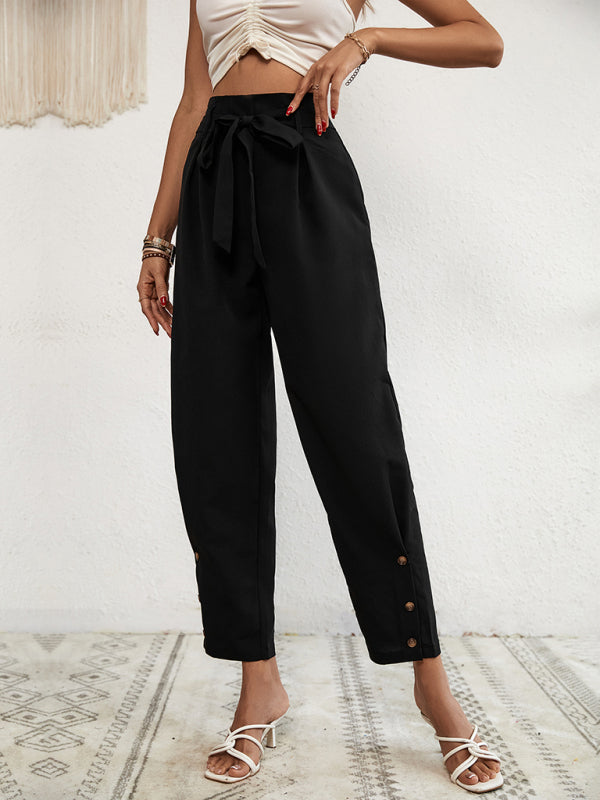 Cotton Linen High Rise Trousers, Fancy Side Buttons, Belted Pants Trousers - Chuzko Women Clothing