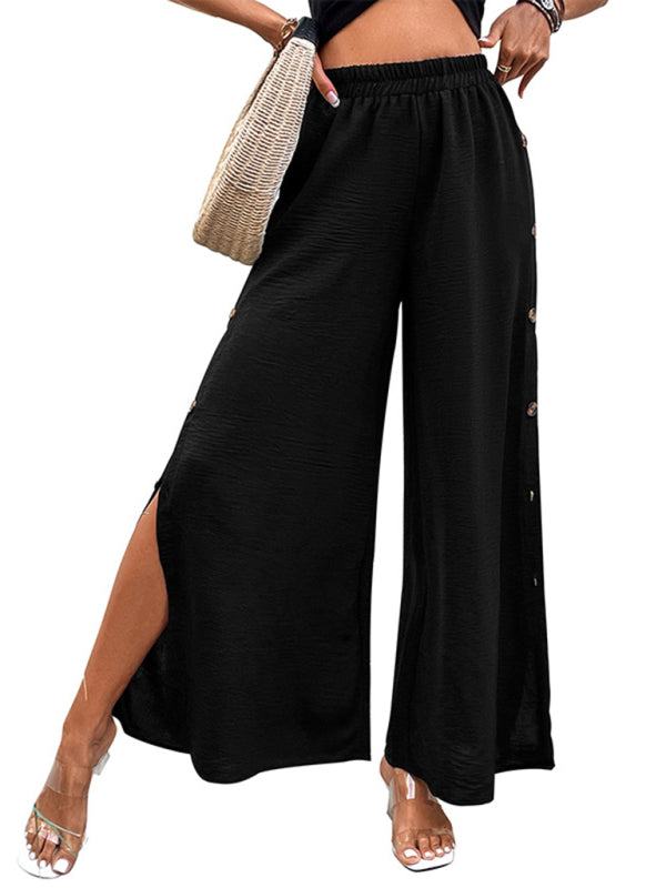 Button Down Side Trousers: Elastic High-Rise Wide-Leg Pants Trousers - Chuzko Women Clothing