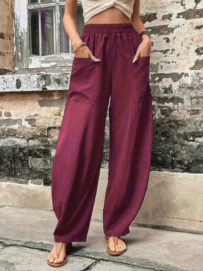 Patch Pocket Pants: Elastic High Waistband, Wide Leg Trousers Trousers - Chuzko Women Clothing