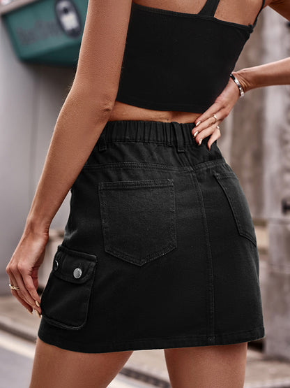 Trendy & Practical: Cargo Denim Mini Skirt - Flap Pockets Mini Skirt - Chuzko Women Clothing