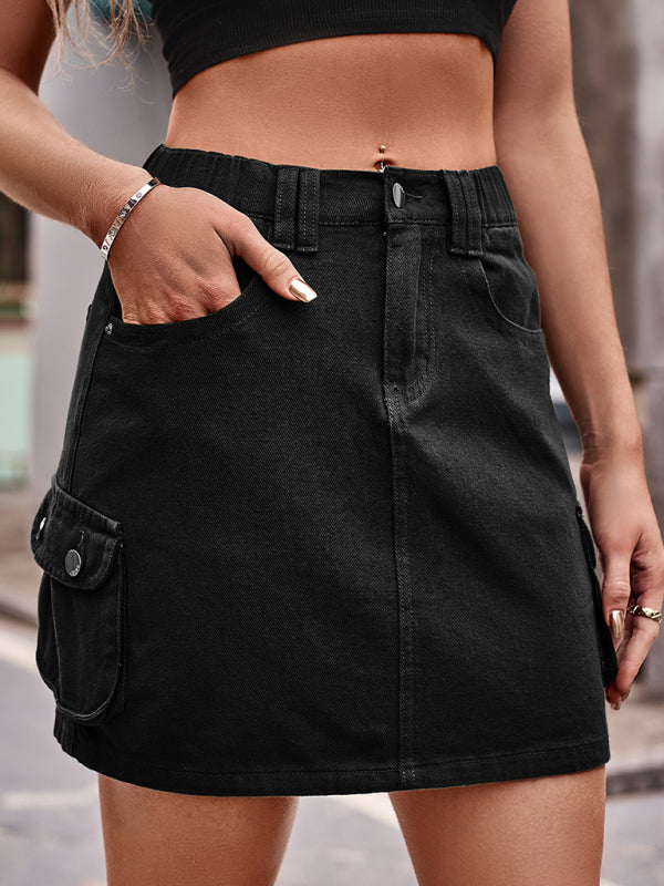 Trendy & Practical: Cargo Denim Mini Skirt - Flap Pockets Mini Skirt - Chuzko Women Clothing
