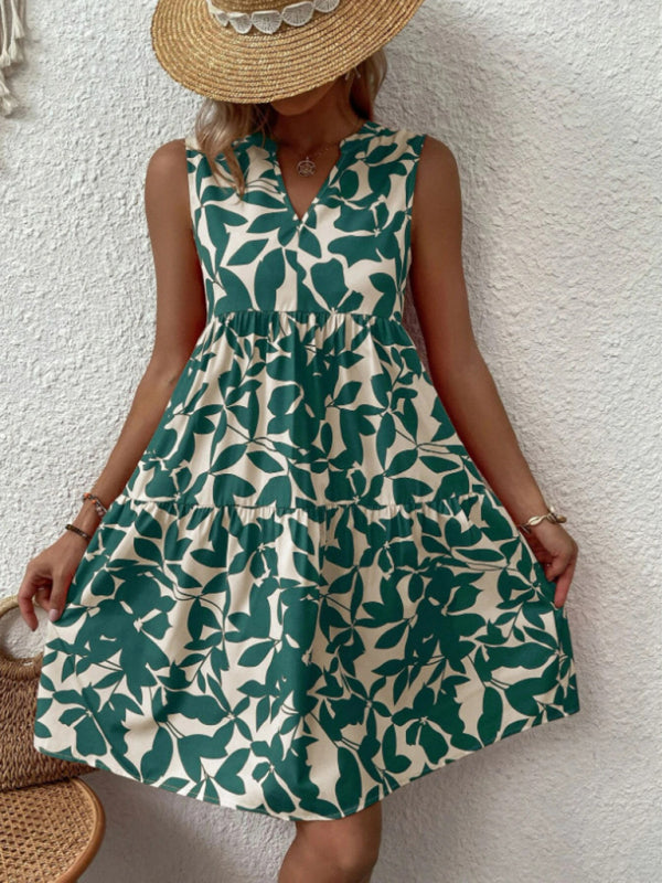 Leafy Tiered Ruffle Leaf Print Tank Dress Dress - Chuzko Women Clothing