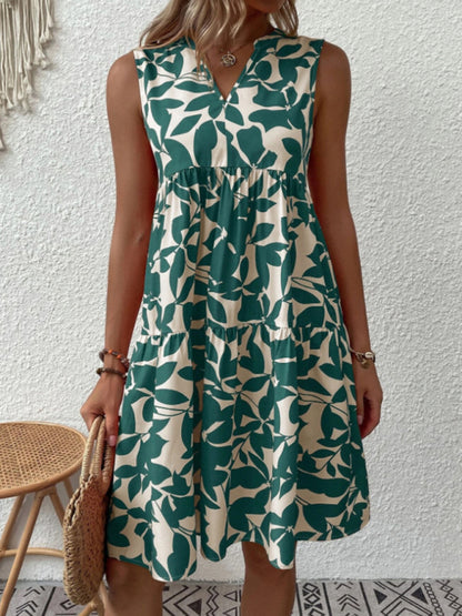Leafy Tiered Ruffle Leaf Print Tank Dress Dress - Chuzko Women Clothing