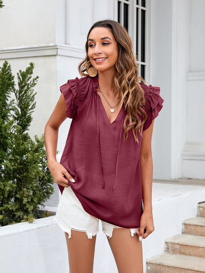 Solid Oversized Short Sleeve Ruffle Frill Blouse Tops - Chuzko Women Clothing