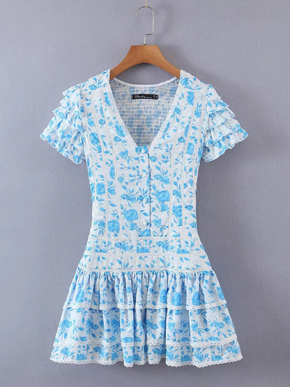 Summer Floral Smocked Ruffle Tiered Mini Dress Dress - Chuzko Women Clothing