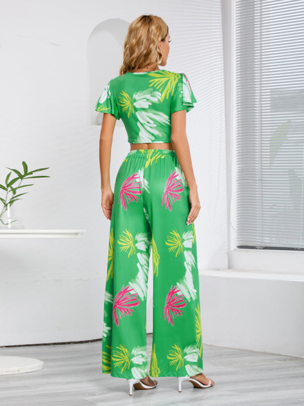 Women's Tropical Outfit Wide-Leg Pants + Crop Top Suit (Crop Top and Palazzo pants) - Chuzko Women Clothing