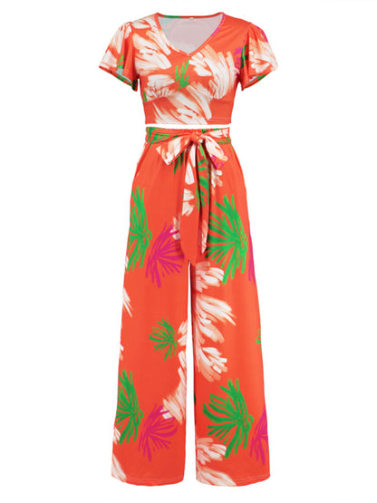 Women's Tropical Outfit Wide-Leg Pants + Crop Top Suit (Crop Top and Palazzo pants) - Chuzko Women Clothing