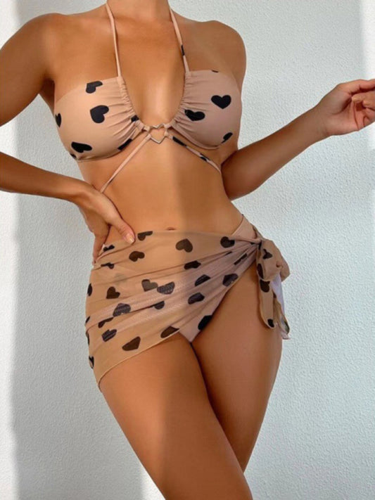 Hurry and Get Yours: Heart Print Boho 3-Piece Swimsuit Set for Beach Vacation Three-Piece Swimsuit Set - Chuzko Women Clothing