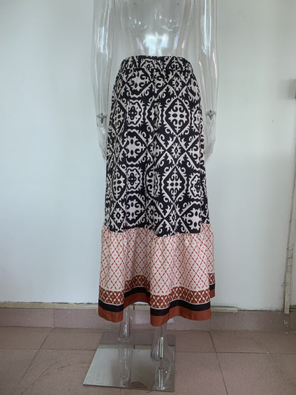 Boho Paisley Print Tiered Ruffle Maxi Skirt with Elastic Waistband Maxi Skirts - Chuzko Women Clothing