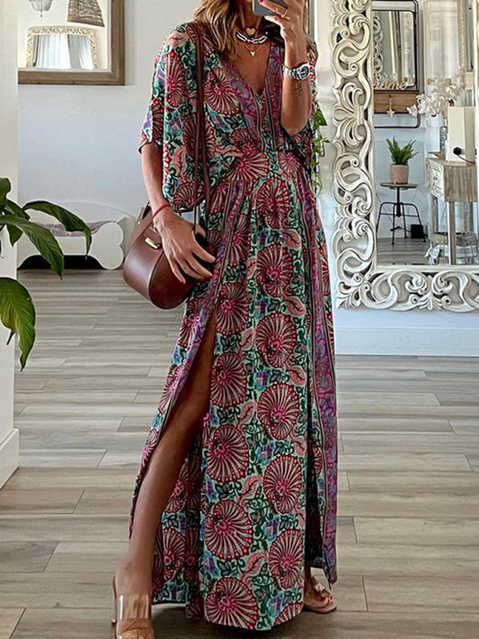 Boho Vacation Floral Slits Flared Maxi Dress Dress - Chuzko Women Clothing