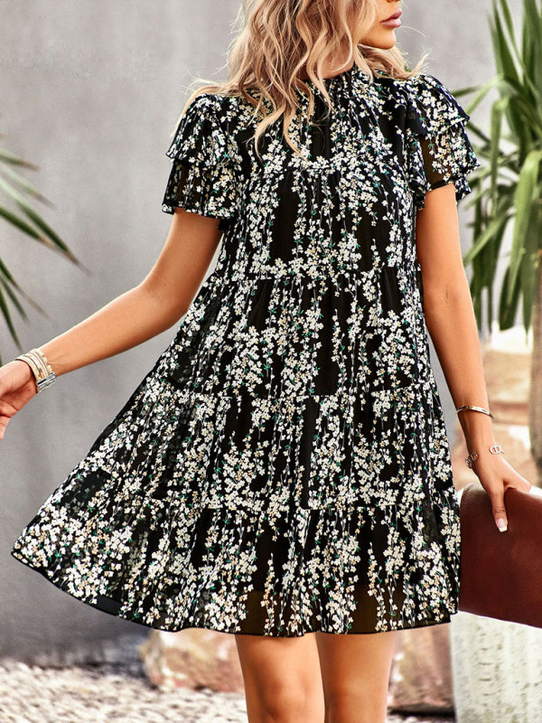 Boho-Chic Mini Dress with Butterfly Sleeves and Ruffle Details Dress - Chuzko Women Clothing
