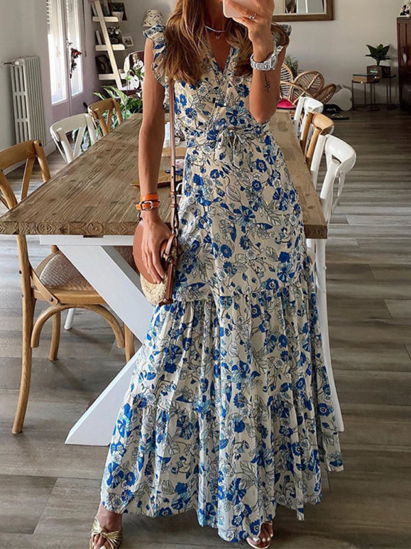 Trendy Floral Tiered Maxi Dress with Waist Tie & Pockets - Shine On! Maxi Dresses - Chuzko Women Clothing