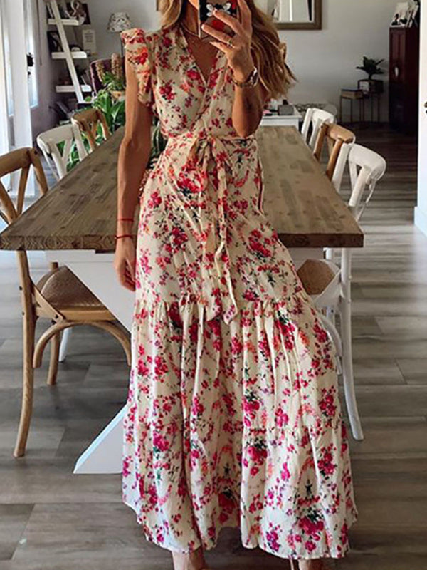 Trendy Floral Tiered Maxi Dress with Waist Tie & Pockets - Shine On! Maxi Dresses - Chuzko Women Clothing