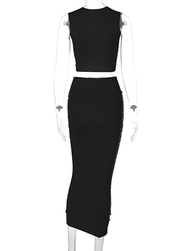 Body-Hugging Full Cut Out Bodycon Outfit Crop Top and Pencil Midi Skirt Casual Set (Top + Pencil Skirt) - Chuzko Women Clothing
