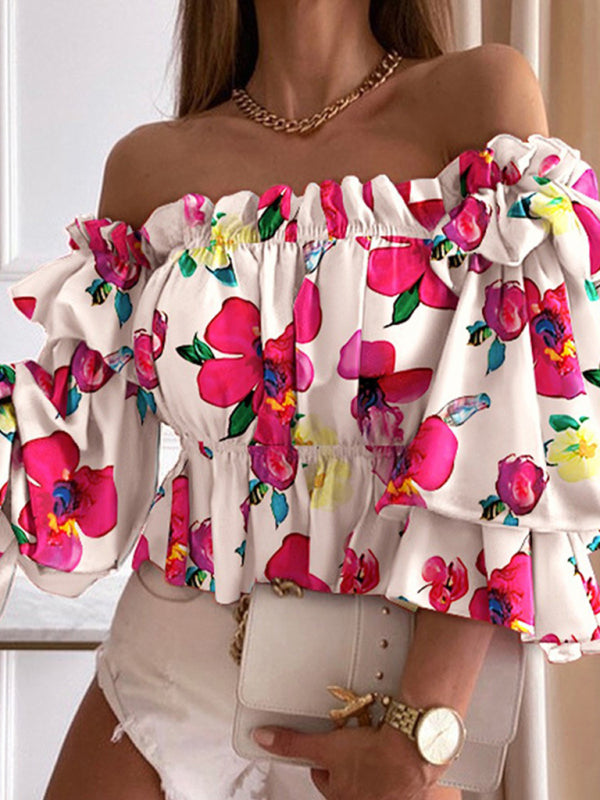 Flirty Trendy Casual Look Floral Polkadot Stripe Off-Shoulder Blouse Top - Chuzko Women Clothing