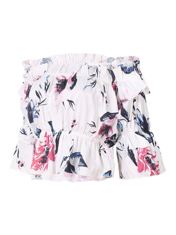 Flirty Trendy Casual Look Floral Polkadot Stripe Off-Shoulder Blouse Top - Chuzko Women Clothing