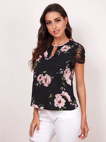 Retro Floral Blouse - Lace Sleeves and Keyhole Top Top - Chuzko Women Clothing