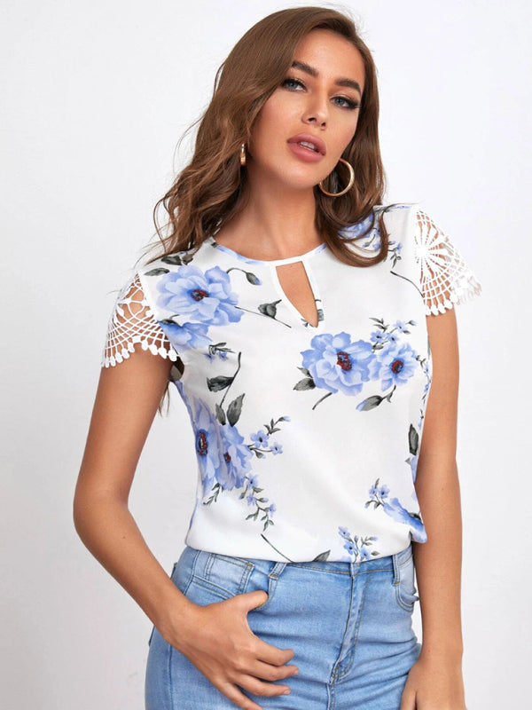 Retro Floral Blouse - Lace Sleeves and Keyhole Top Top - Chuzko Women Clothing