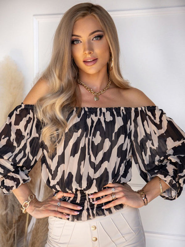 Abstract Print Off-Shoulder Half Sleeve Blouse Tops - Chuzko Women Clothing
