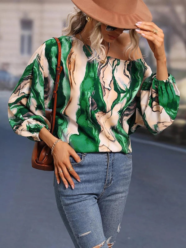 Asymmetrical Elegance: Balloon Sleeve Blouse of the Season! - High-Contrast Colorblock Top with Billowing Bishop Sleeves Tops - Chuzko Women Clothing