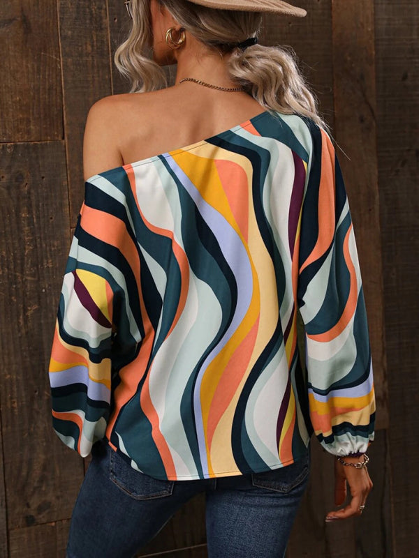 Asymmetrical Elegance: Balloon Sleeve Blouse of the Season! - High-Contrast Colorblock Top with Billowing Bishop Sleeves Tops - Chuzko Women Clothing